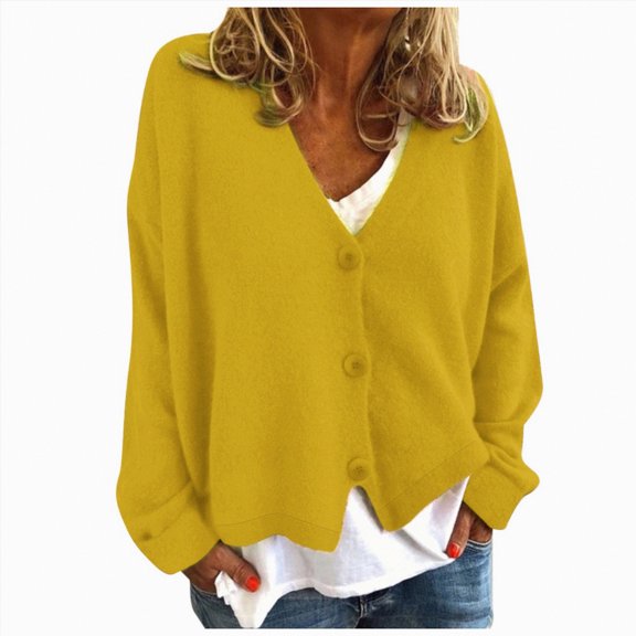 Towmus Cardigan Sweaters for Women Long Sleeve Open Front Button Down V Neck Soild Color Knit Cardigans Tops Outwear