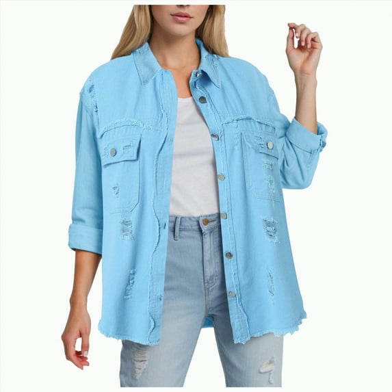 Towmus Casual Quilted Jackets for Women Button Down Collared Long Sleeve Shirts Frayed Hem Fall Jackets with Pockets