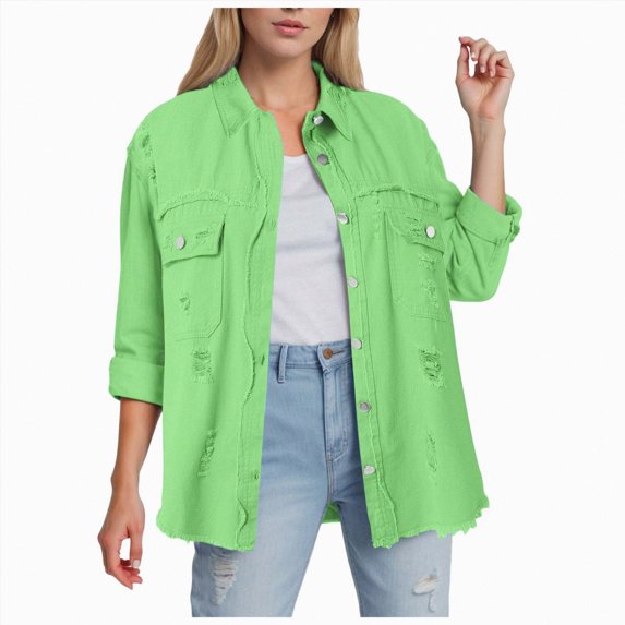 Towmus Casual Quilted Jackets for Women Button Down Collared Long Sleeve Shirts Frayed Hem Fall Jackets with Pockets