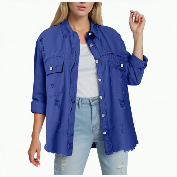 Towmus Casual Quilted Jackets for Women Button Down Collared Long Sleeve Shirts Frayed Hem Fall Jackets with Pockets