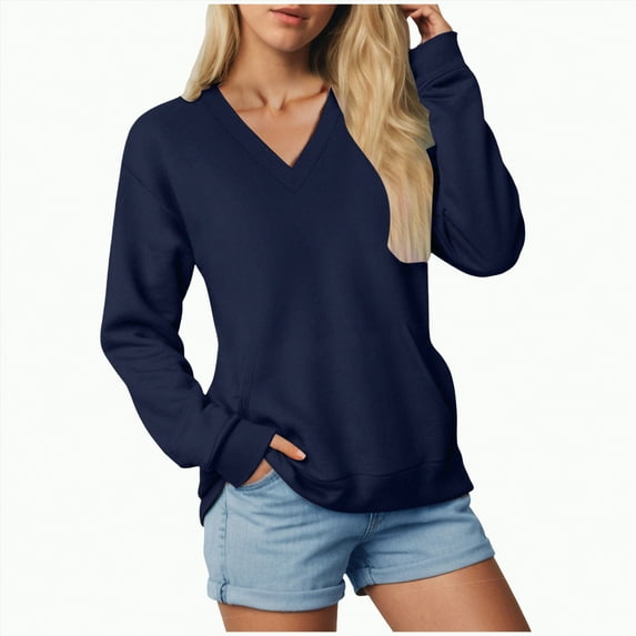 Towmus Casual Womens Sweatshirts V Neck Long Sleeve Blouses Basic Solid Pullover Tops Sweatshirt for Women