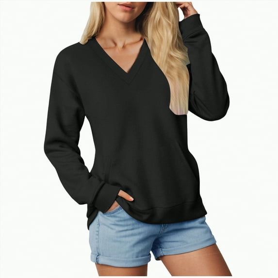 Towmus Casual Womens Sweatshirts V Neck Long Sleeve Blouses Basic Solid Pullover Tops Sweatshirt for Women