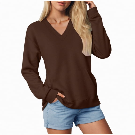 Towmus Casual Womens Sweatshirts V Neck Long Sleeve Blouses Basic Solid Pullover Tops Sweatshirt for Women
