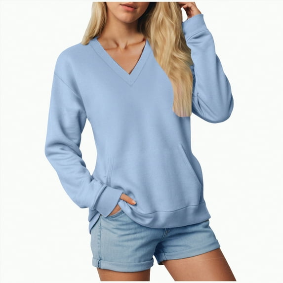 Towmus Casual Womens Sweatshirts V Neck Long Sleeve Blouses Basic Solid Pullover Tops Sweatshirt for Women