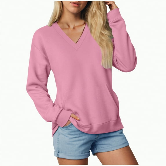 Towmus Casual Womens Sweatshirts V Neck Long Sleeve Blouses Basic Solid Pullover Tops Sweatshirt for Women