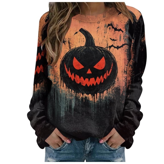 Towmus Halloween Sweatshirts for Women Long Sleeve Cute Cat Printed Sweatshirt Crew Neck Graphic Pullover Tops