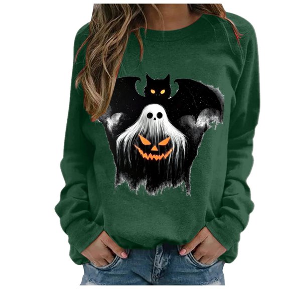 Towmus Halloween Sweatshirts for Women Long Sleeve Cute Cat Printed Sweatshirt Crew Neck Graphic Pullover Tops
