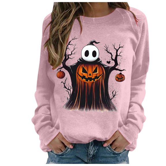 Towmus Halloween Sweatshirts for Women Long Sleeve Cute Cat Printed Sweatshirt Crew Neck Graphic Pullover Tops