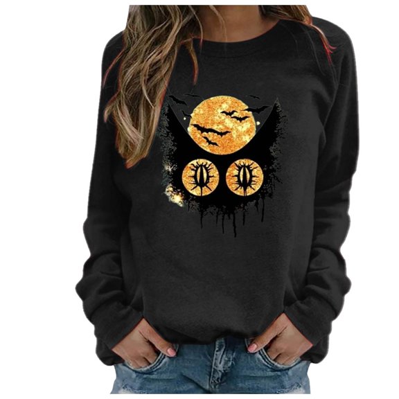Towmus Halloween Sweatshirts for Women Long Sleeve Cute Cat Printed Sweatshirt Crew Neck Graphic Pullover Tops