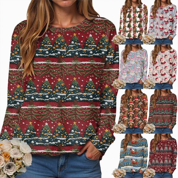 Towmus Christmas Graphic Sweatshirts for Womens Crewneck Long Sleeve 3D Printed Plus Size Pullover Tops S-2XL