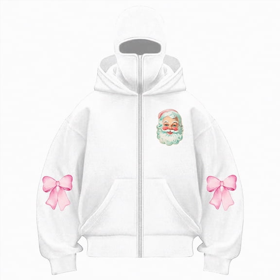 Towmus Christmas Graphic Zip Up Hooded for Women Men Balaclava Double Hoodies Built-In Eye Mask Pullover Tops