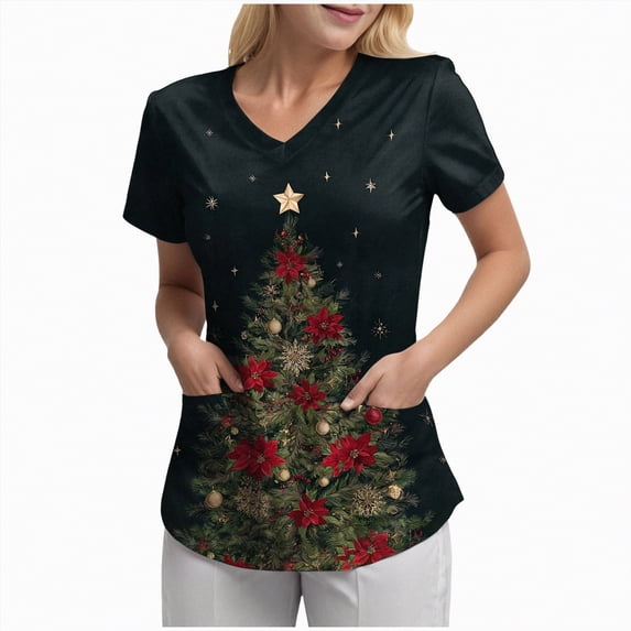 Towmus Christmas Scrub Tops Woman V Neck Funny Graphic Pattern Short Sleeve Nursing Tops Xmas Holiday Print Fashion Top with Pockets S-3XL