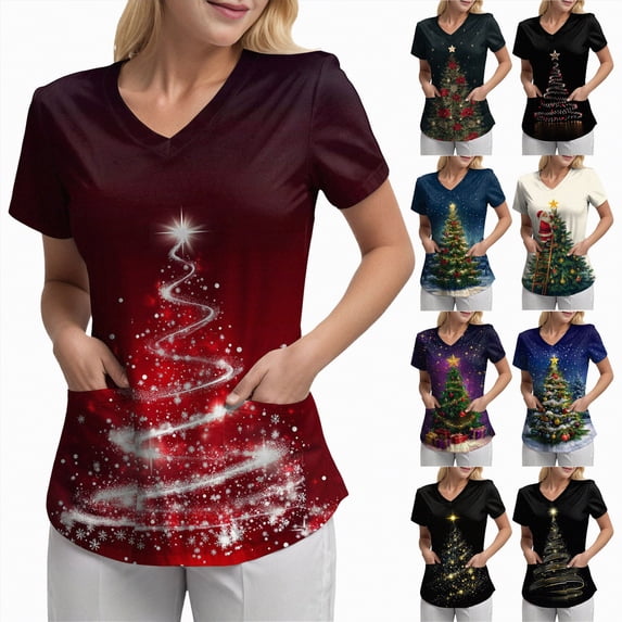 Towmus Christmas Scrub Tops Woman V Neck Funny Graphic Pattern Short Sleeve Nursing Tops Xmas Holiday Print Fashion Top with Pockets S-3XL