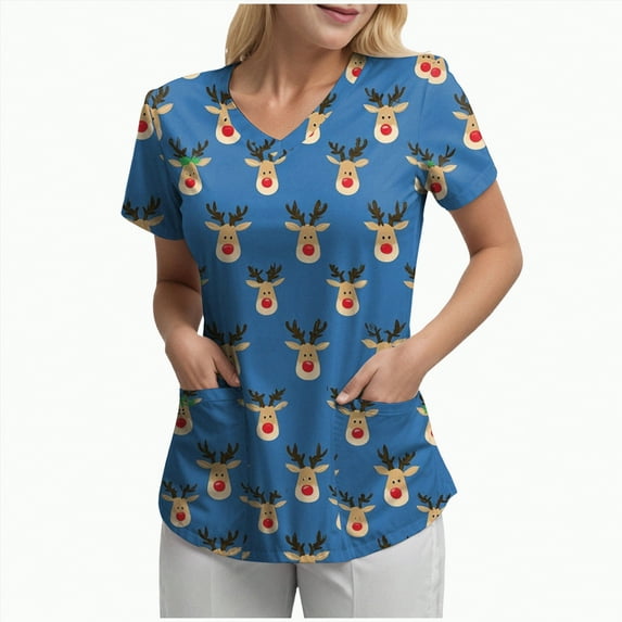 Towmus Christmas Scrub Tops Women Plus Size Fashion Casual Dressy Blouses Xmas Print Shirt Nurse Uniforms with Pockets S-3XL