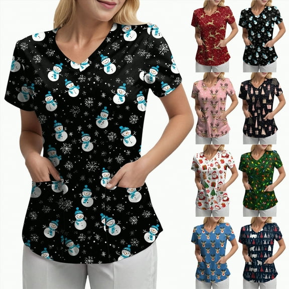 Towmus Christmas Scrub Tops Women Plus Size Fashion Casual Dressy Blouses Xmas Print Shirt Nurse Uniforms with Pockets S-3XL