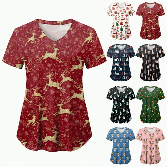 Towmus Christmas Scrub Tops Women Plus Size Fashion Casual Dressy Blouses Xmas Print Shirt Nurse Uniforms with Pockets S-3XL