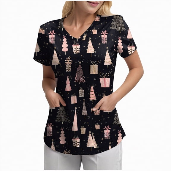Towmus Christmas Scrub Tops Women Plus Size Fashion Casual Dressy Blouses Xmas Print Shirt Nurse Uniforms with Pockets S-3XL