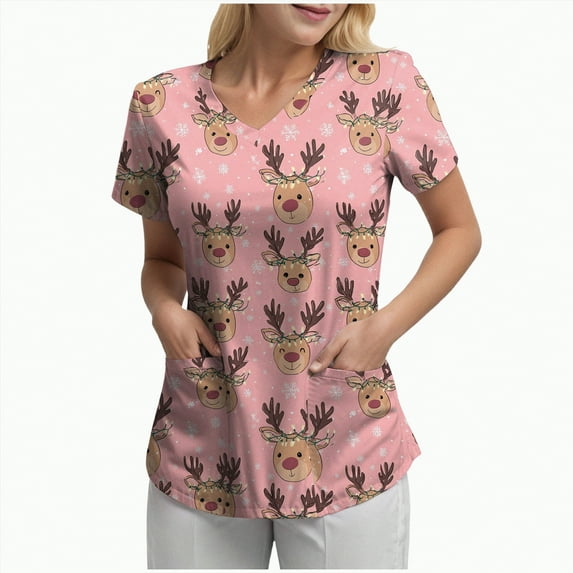 Towmus Christmas Scrub Tops Women Plus Size Fashion Casual Dressy Blouses Xmas Print Shirt Nurse Uniforms with Pockets S-3XL
