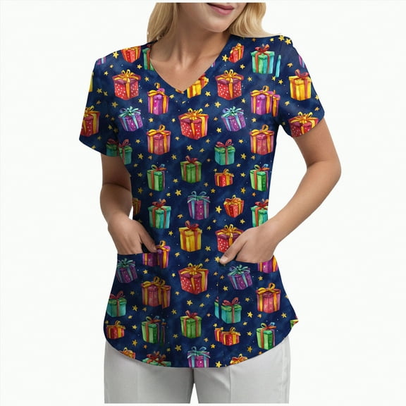 Towmus Christmas Scrub Tops Women Plus Size Scrub Shirt Nurse Uniforms Xmas Print V-Neck Tunic Tops with Pockets S-3XL