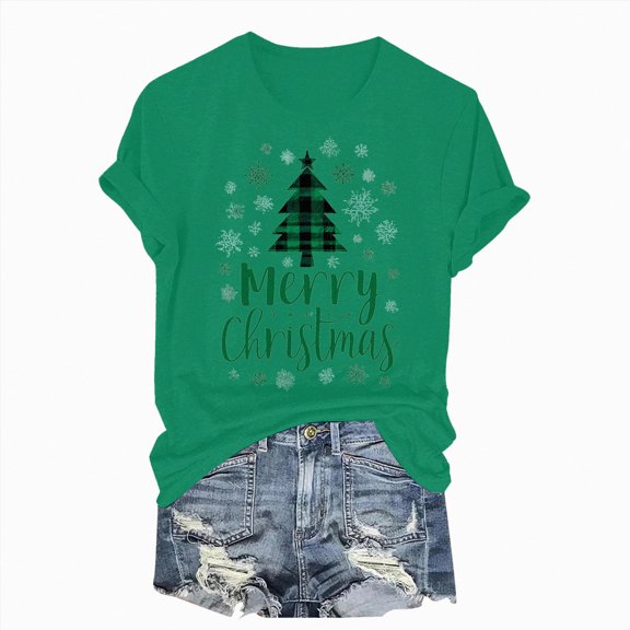 Towmus Christmas Shirts for Women Casual Graphic Crew Neck Shirt Xmas Holiday Short Sleeve Tee Tops