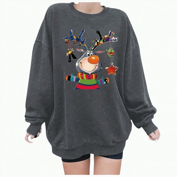 Towmus Christmas Shirts for Women Casual Long Sleeve Shirt Round Neck Sweatshirts Xmas Cute Elk Loose Fit Pullover Tops