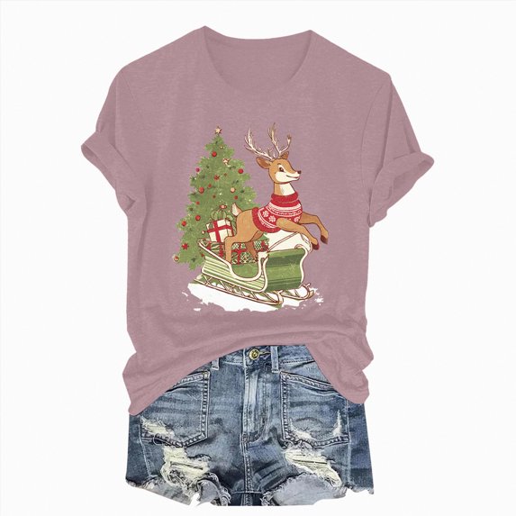 Towmus Christmas Shirts for Women Christmas Trees Shirt Xmas Elk Print Holiday Tee Tops