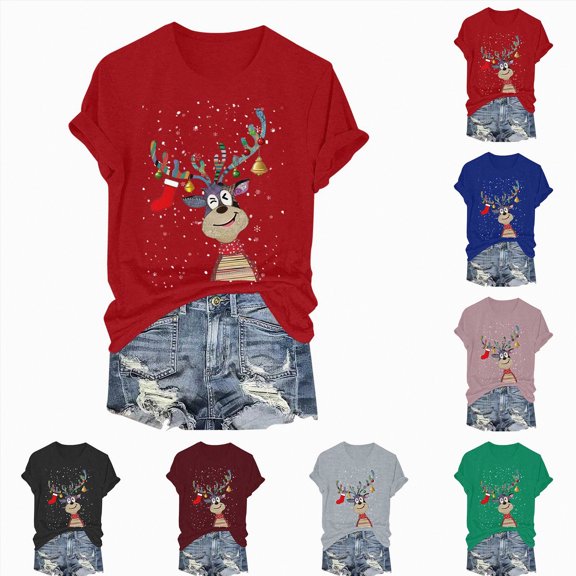 Towmus Christmas Shirts for Women Crew Neck Graphic Tee Tops Xmas Holiday T-Shirt