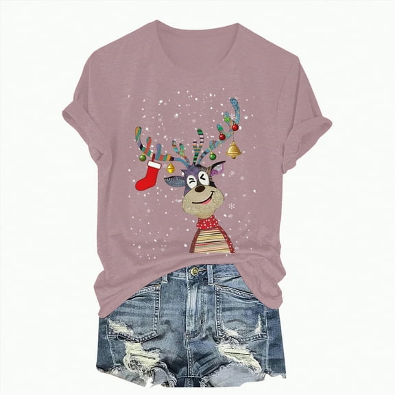 Towmus Christmas Shirts for Women Cute Elk Print Graphic Tee Casual Short Sleeve Crewneck Pullover Tops