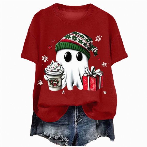 Towmus Christmas Shirts for Women Fashion Round Neck Short Sleeve Halloween Clothes Fall T-Shirts Graphic Holiday Tops, Red, 3XL
