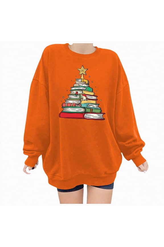 Christmas Shirts for Women Light Up Shiny Red Book Print Long Sleeve Pullover Fall Novelty Xmas Crewneck Sweatshirts