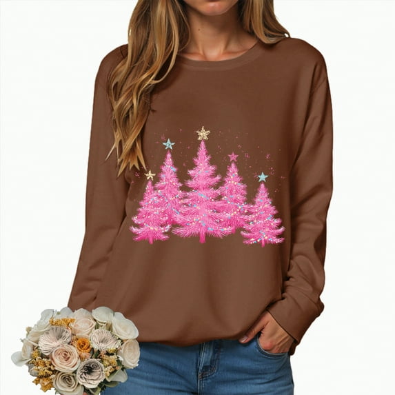 Towmus Christmas Sweatshirt for Women Cute Xmas Tree Casual Crewneck Sweatshirt Oversized Graphic Pullover Tops
