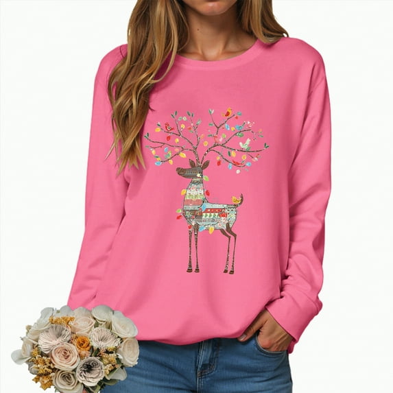 Towmus Christmas Sweatshirt for Women Plus Size Elk Print Sweatshirts Crewneck Long Sleeve Xmas Holiday Tops