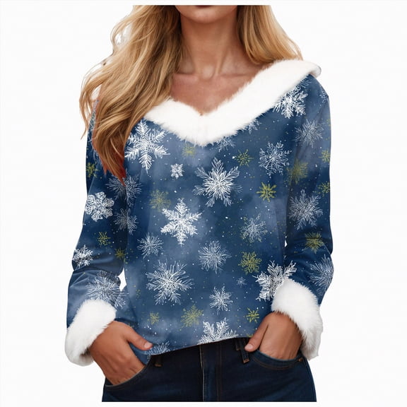 Towmus Christmas Sweatshirt for Women Plus Size Long Sleeve V-neck Graphic Sweatshirts Trendy Tunic Dressy