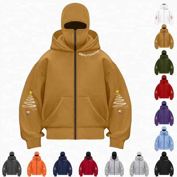 Towmus Christmas Sweatshirts for Women Balaclava Hoodie Double Hooded Full Zip UP with Built-In Eye Mask