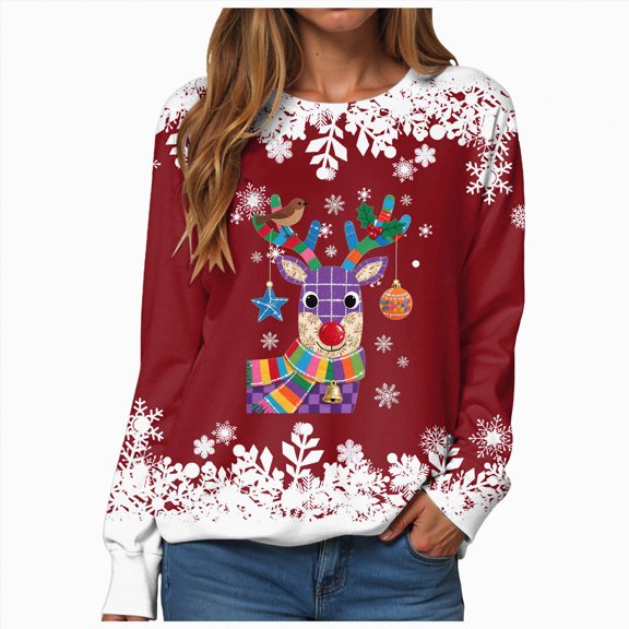 Towmus Christmas Sweatshirts for Women Crewneck Fall Pullover Tops Loose Fit Reindeer Printed Graphic Sweatshirts
