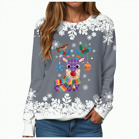 Towmus Christmas Sweatshirts for Women Crewneck Fall Pullover Tops Loose Fit Reindeer Printed Graphic Sweatshirts