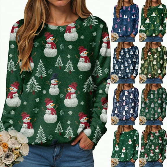 Towmus Christmas Sweatshirts for Women Cute Long Sleeve Women's Graphic Sweatshirt Pullover Tops with Snowman