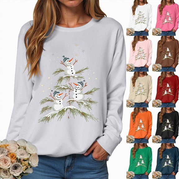 Towmus Christmas Sweatshirts for Women Fall Casual Crewneck Pullover Tops Funny Snowman Tree Graphic Print Long Sleeve Sweatshirt