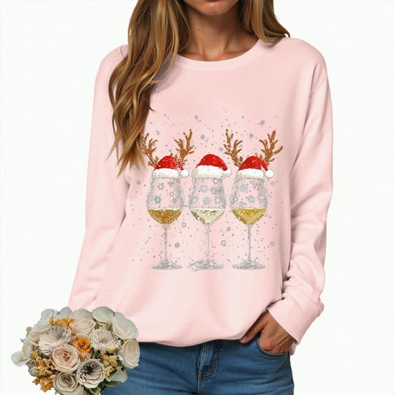 Towmus Christmas Sweatshirts for Women Funny Xmas Print Long Sleeve Pullover Graphic Crewneck Sweatshirt