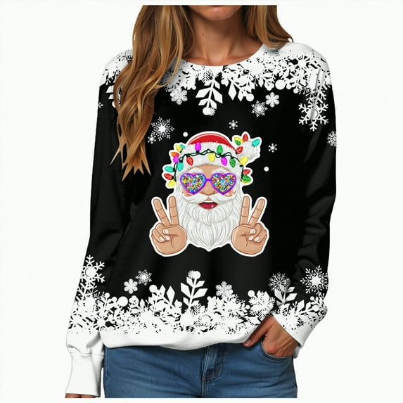 Towmus Christmas Sweatshirts for Women Plus Size Christmas Graphic Crewneck Sweatshirt Casual Snowflake Pullover Tops