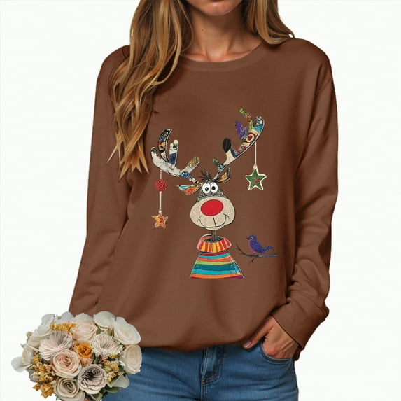 Towmus Christmas Sweatshirts for Women Cute Sweatshirt Elk Print Casual Long Sleeve Crewneck Pullover Tops