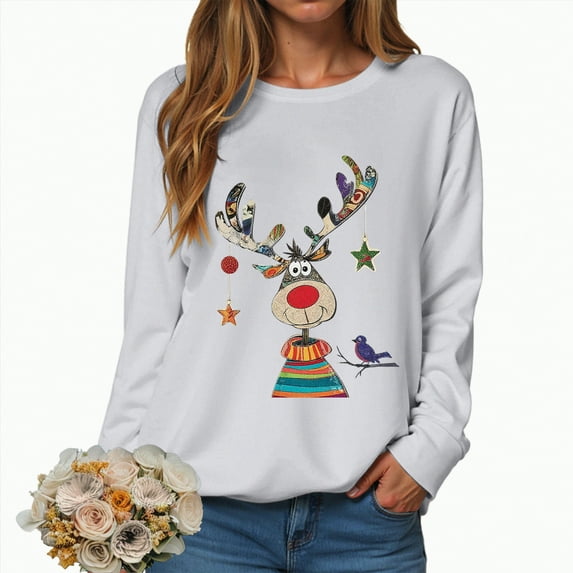 Towmus Christmas Sweatshirts for Women Cute Sweatshirt Elk Print Casual Long Sleeve Crewneck Pullover Tops