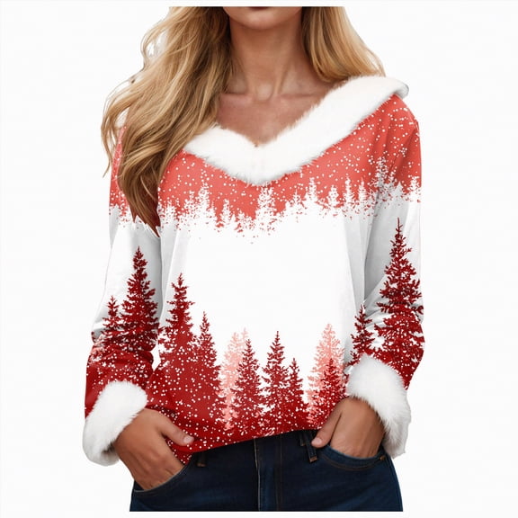 Towmus Christmas Sweatshirts for Women Xmas Tree Print Graphic Sweatshirt Casual V-Neck Long Sleeve Trendy Pullover Tops