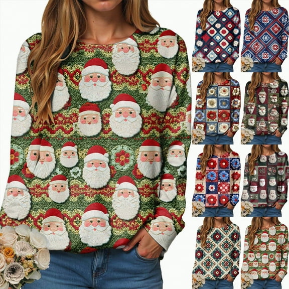 Towmus Christmas Sweatshirts for Women Plus Size 3D Cute Print Long Sleeve Graphic Sweaters Xmas Pullover Tops