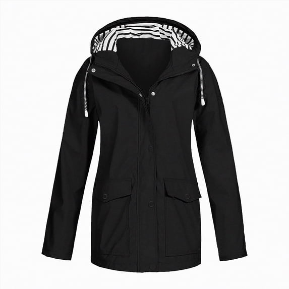 Towmus Coat Women Solid Rain Jacket Outdoor Plus Size Waterproof Hooded Raincoat Windproof Loose With Pocket