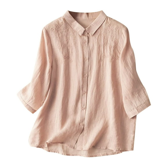 Towmus Cotton Linen Blouse Shirts for Womens V Neck Long Sleeve Shirts Button Up Tunic Blouse Casual Loose High Low Tops