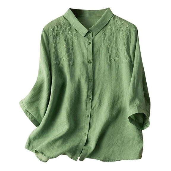 Towmus Cotton Linen Blouse Shirts for Womens V Neck Long Sleeve Shirts Button Up Tunic Blouse Casual Loose High Low Tops