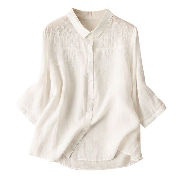 Towmus Cotton Linen Blouse Shirts for Womens V Neck Long Sleeve Shirts Button Up Tunic Blouse Casual Loose High Low Tops