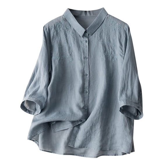 Towmus Cotton Linen Blouse Shirts for Womens V Neck Long Sleeve Shirts Button Up Tunic Blouse Casual Loose High Low Tops