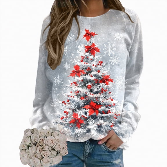Towmus Crewneck Sweatshirts for Women Fashion Christmas Tree Graphic Pullover Tops Trendy Long Sleeve Floral Printed Pullover Tops
